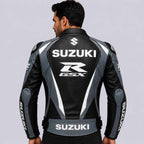 Suzuki GSXR Men's Grey Black Genuine Leather Racing Jacket with Rider Fit