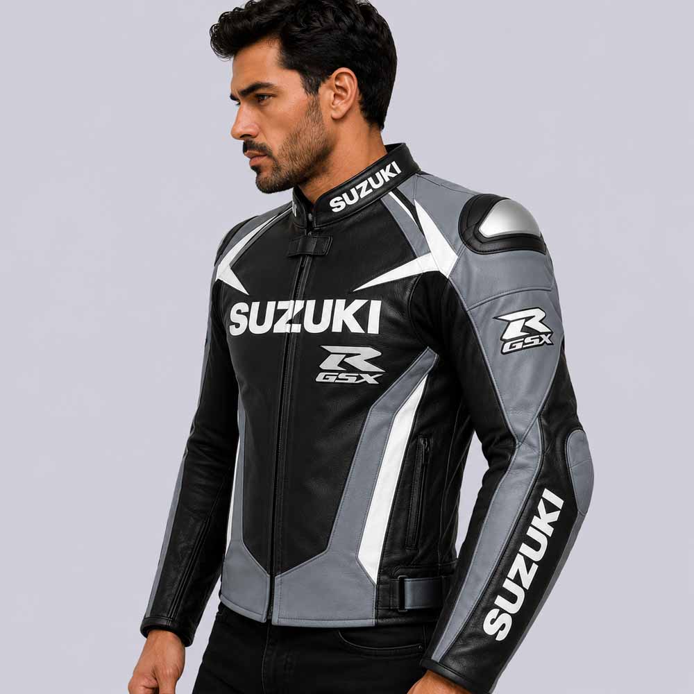 Suzuki GSXR Men's Grey Black Genuine Leather Racing Jacket with Rider Fit