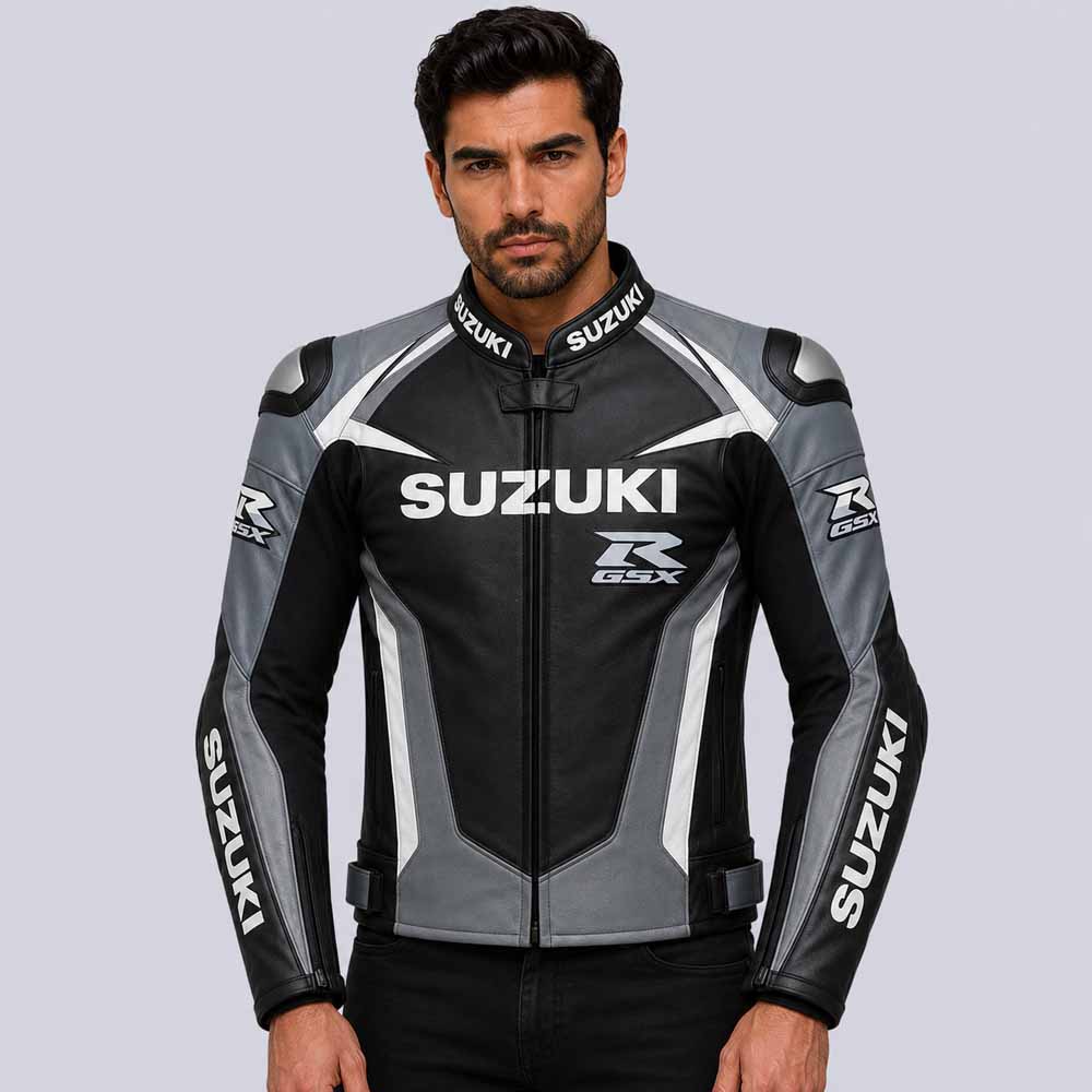 Suzuki GSXR Men's Grey Black Genuine Leather Racing Jacket with Rider Fit