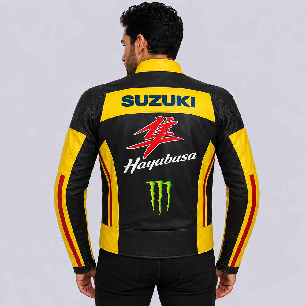 Suzuki Hayabusa Men's Black Yellow Cowhide Leather Racing Jacket with CE Armor
