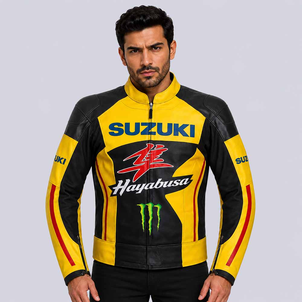 Suzuki Hayabusa Men's Black Yellow Cowhide Leather Racing Jacket with CE Armor