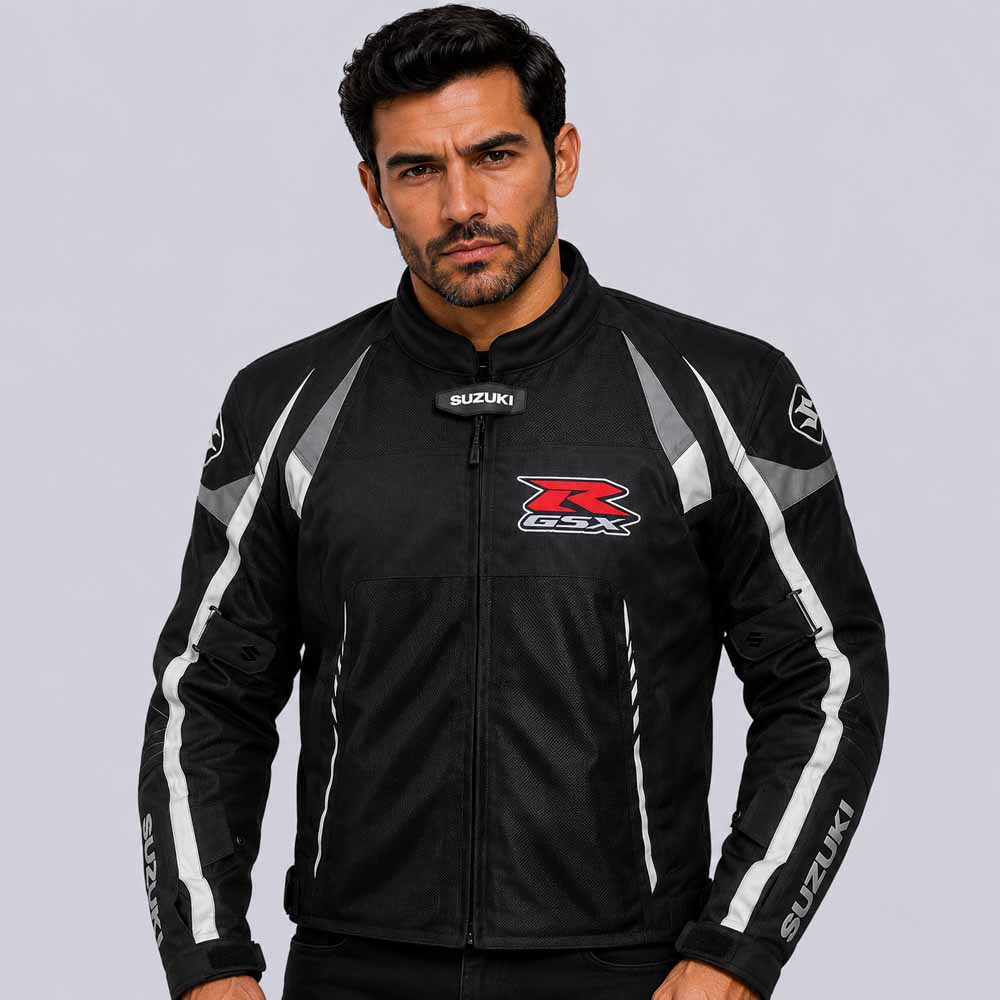 Suzuki Men's Black Mesh Riding Jacket with CE Armor and Removable Liner