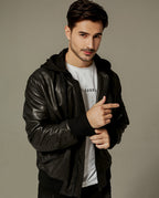 Black Cotton Hooded Sheepskin Moto Biker Jacket