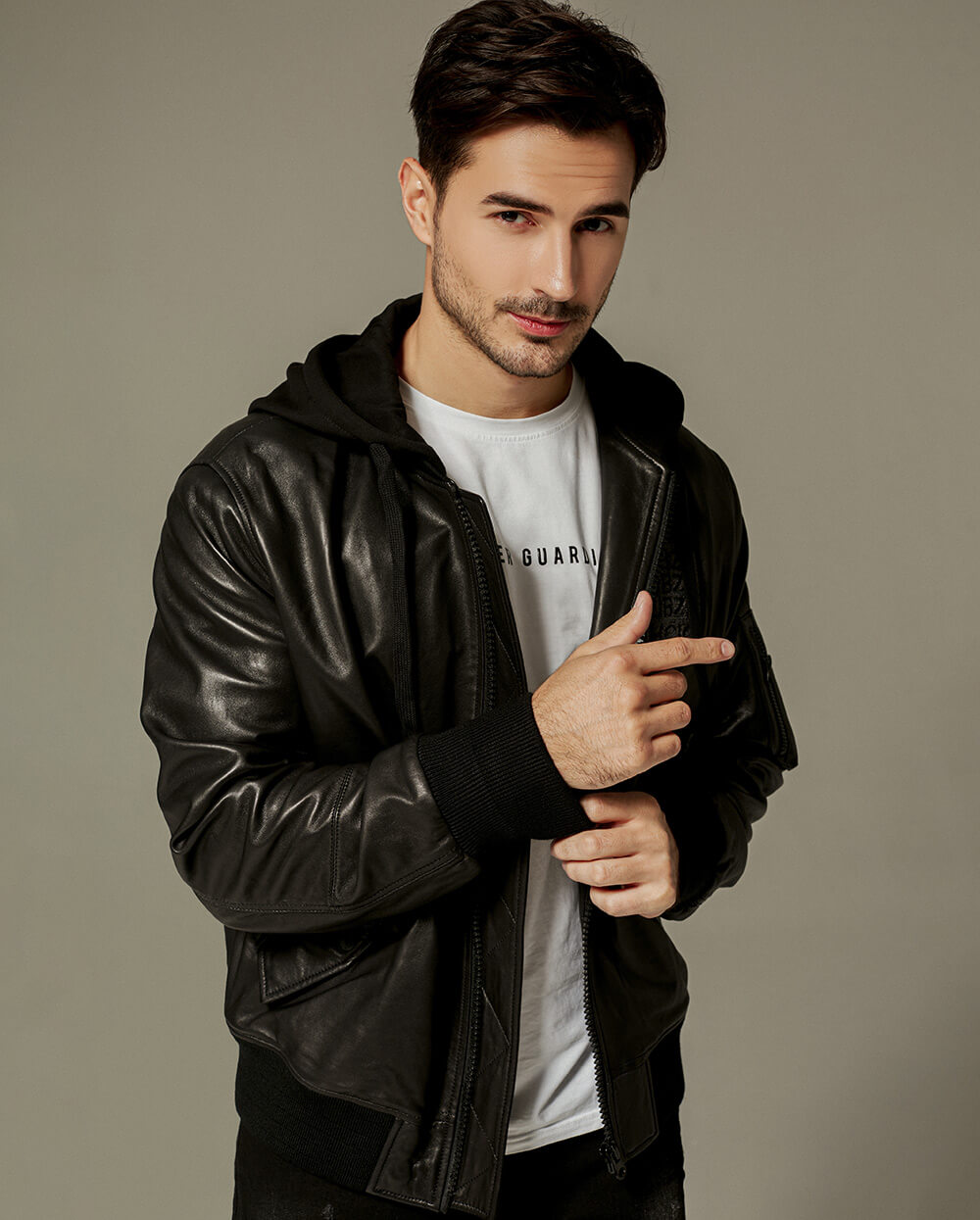 Black Cotton Hooded Sheepskin Moto Biker Jacket