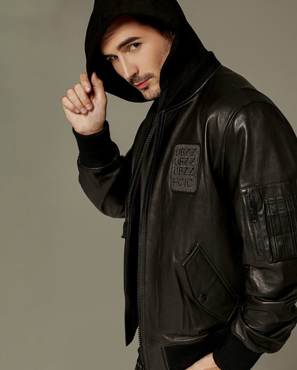 Black Cotton Hooded Sheepskin Moto Biker Jacket