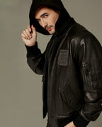 Black Cotton Hooded Sheepskin Moto Biker Jacket