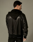 Black Cotton Hooded Sheepskin Moto Biker Jacket