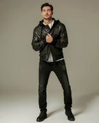 Black Cotton Hooded Sheepskin Moto Biker Jacket