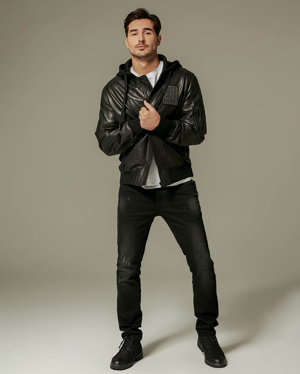 Black Cotton Hooded Sheepskin Moto Biker Jacket