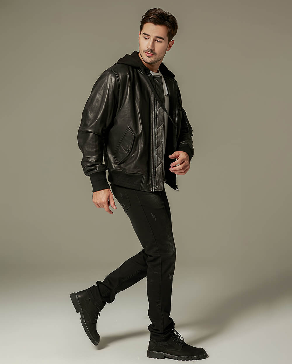 Black Cotton Hooded Sheepskin Moto Biker Jacket