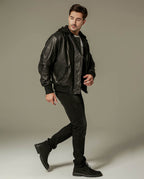Black Cotton Hooded Sheepskin Moto Biker Jacket