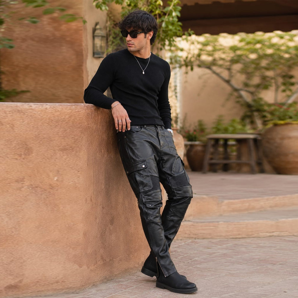 Handmade Men’s Black Lambskin Leather Cargo Pants | Multi-Pocket Biker Jeans