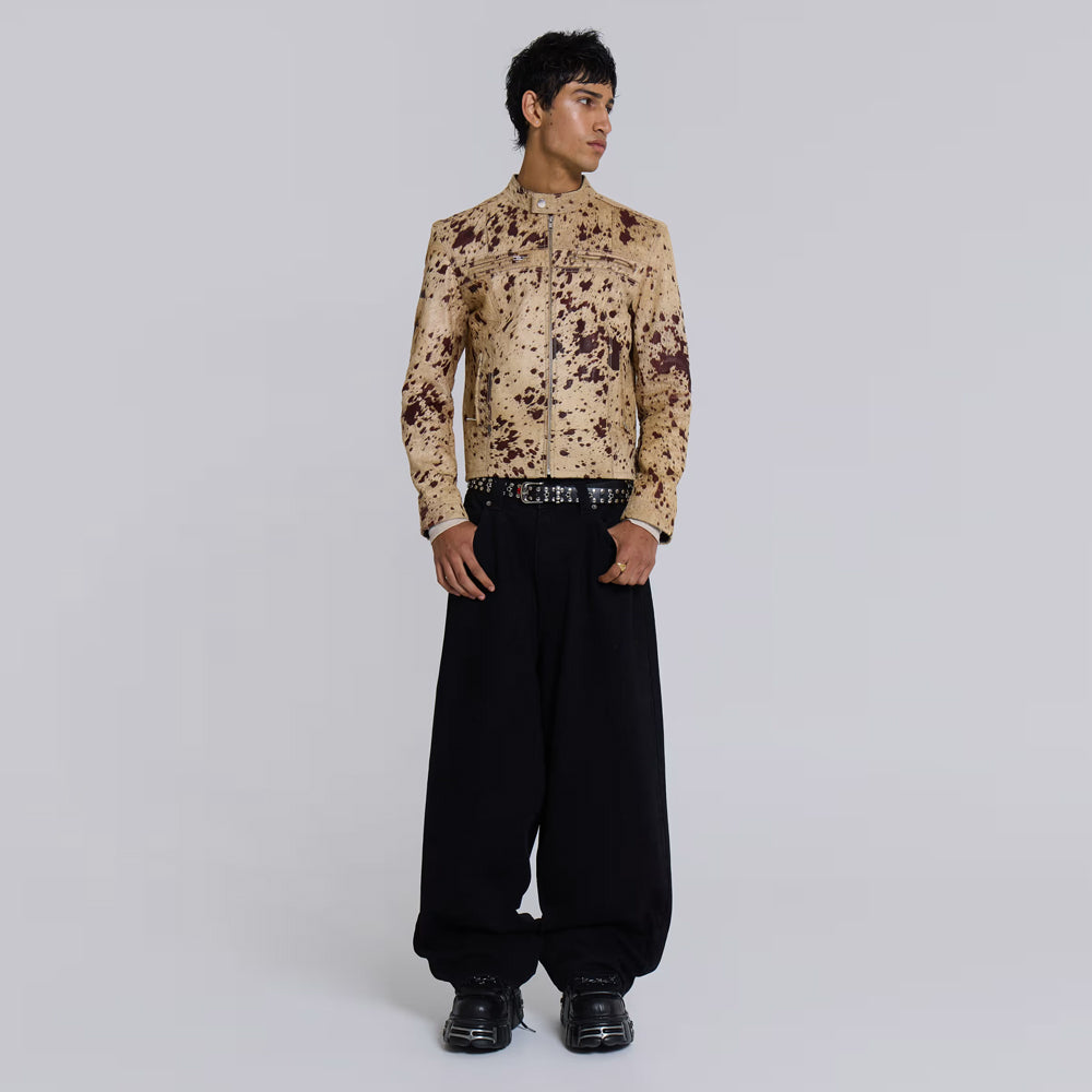 Men’s Beige Speckled Hair-On Cowhide Racer Jacket