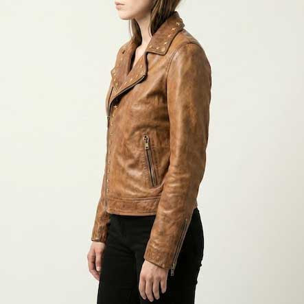 Cognac Star Stud Leather Biker Jacket