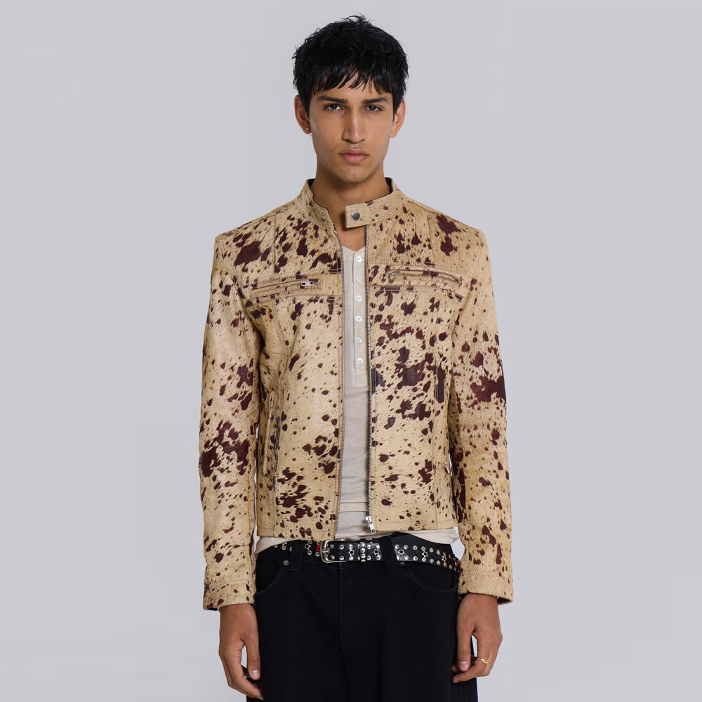 Men’s Beige Speckled Hair-On Cowhide Racer Jacket