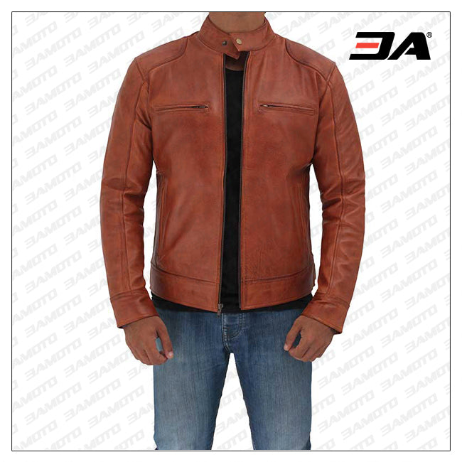 Dodge Cafe Racer Mens Tan Leather Jacket