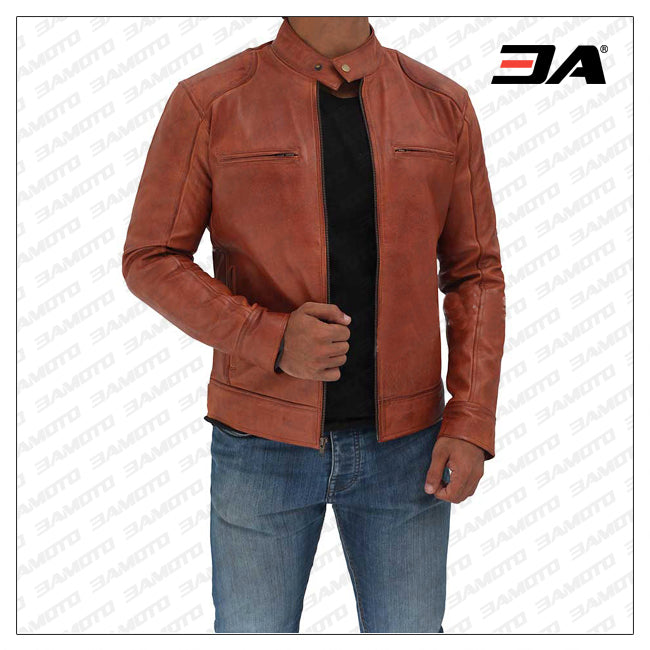 Dodge Cafe Racer Mens Tan Leather Jacket