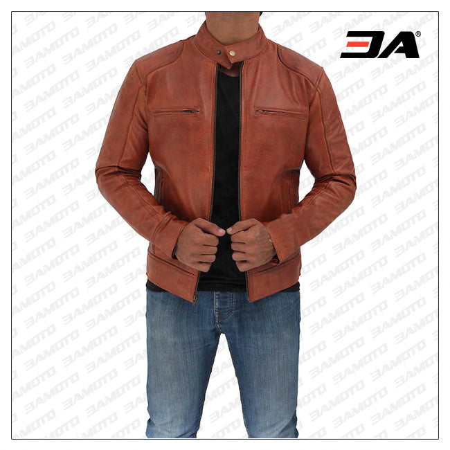 Dodge Cafe Racer Mens Tan Leather Jacket