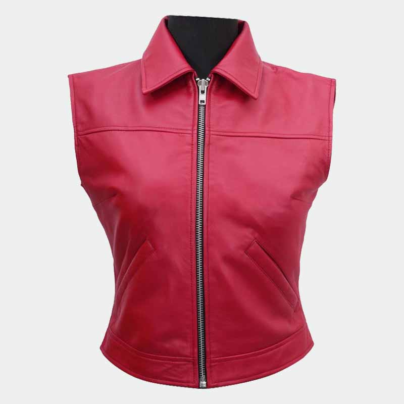 Men and Women Red Sheepskin Leather Terry Bogard Cosplay Vest Jacket with Stitched Back Logo