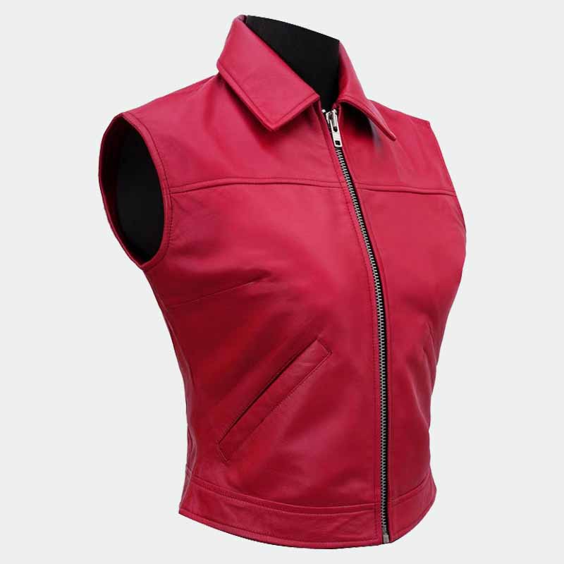Men and Women Red Sheepskin Leather Terry Bogard Cosplay Vest Jacket with Stitched Back Logo