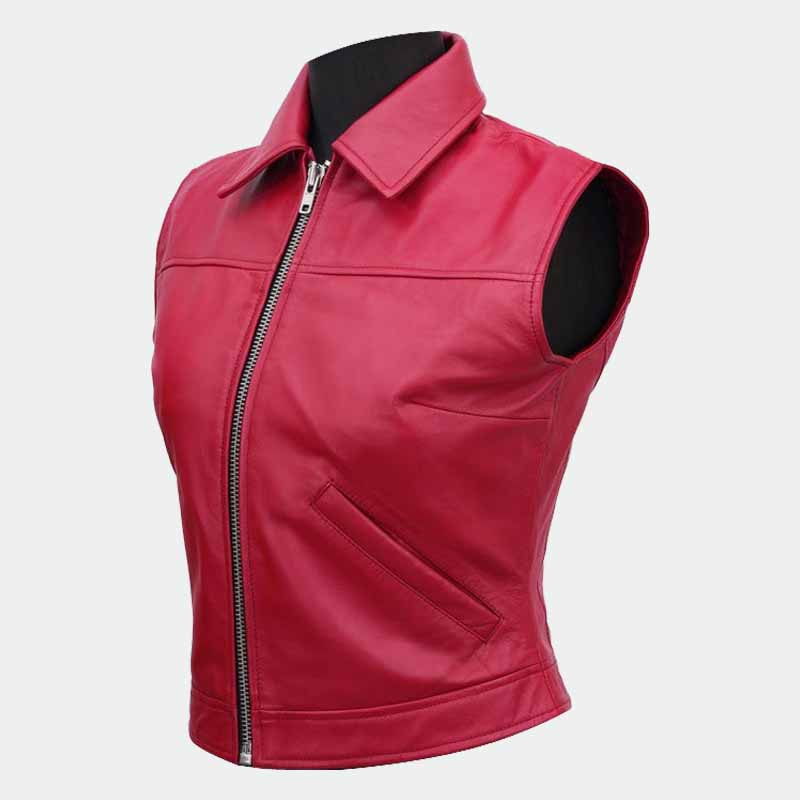 Men and Women Red Sheepskin Leather Terry Bogard Cosplay Vest Jacket with Stitched Back Logo