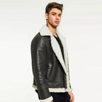 Men’s Black Leather White Shearling Jacket