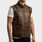 Men Cafe Racer Two Tone Brown Leather Vest Motorcycle Biker Waistcoat