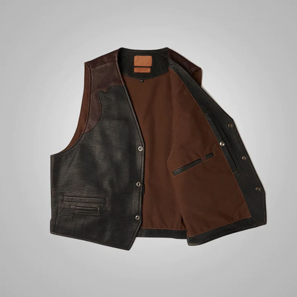 Men's Multi-Color Black & Brown Buffalo Leather Vest | Two-Tone Biker Riding Waistcoat
