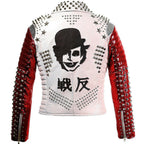 Two Tone White & Red Motorbike Leather Jacket - Silver Spike Studs