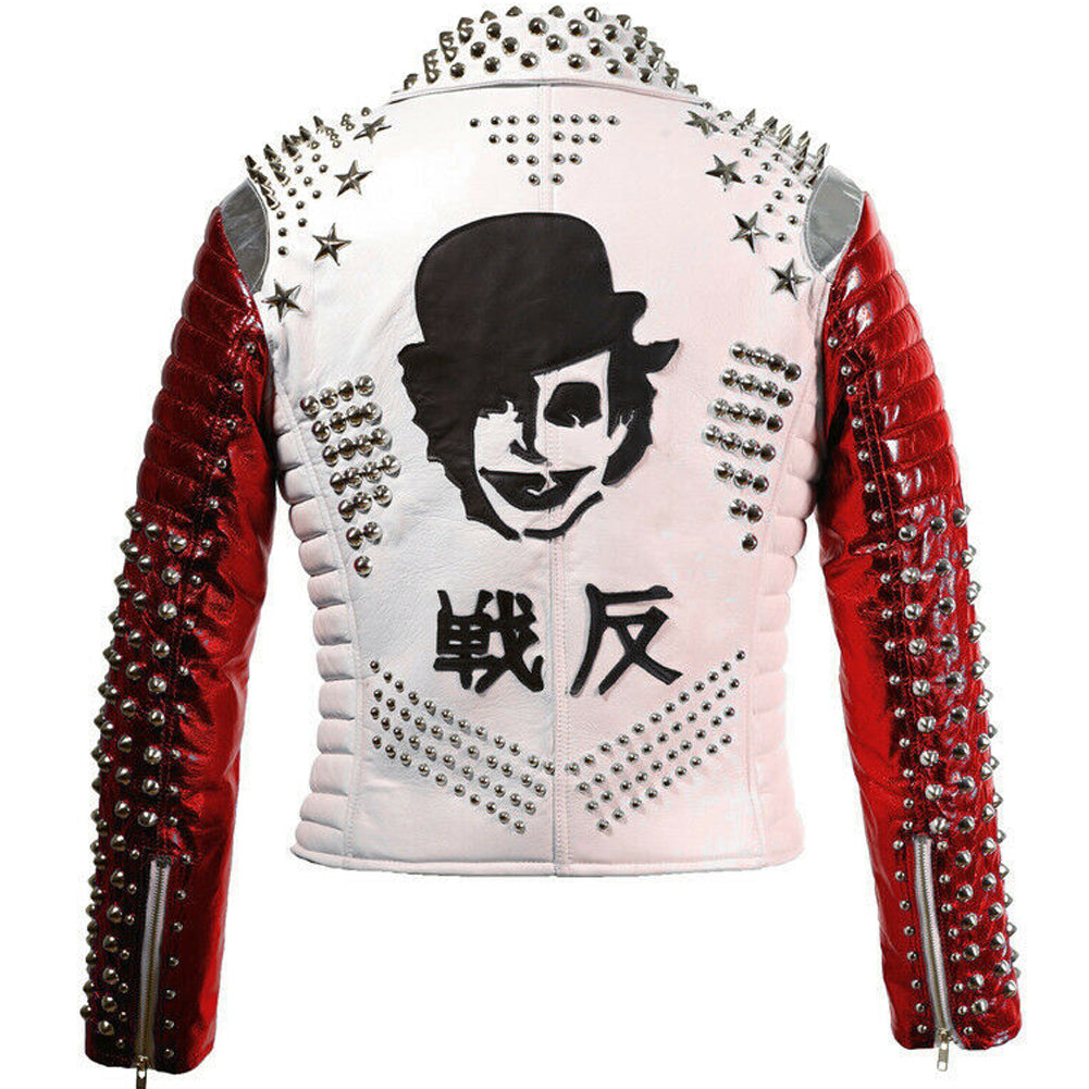 Two Tone White & Red Motorbike Leather Jacket - Silver Spike Studs