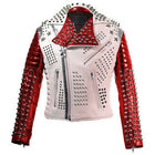 Two Tone White & Red Motorbike Leather Jacket - Silver Spike Studs