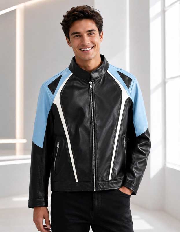 Unisex Black & Sky Blue Racing Lambskin Leather Moto Jacket