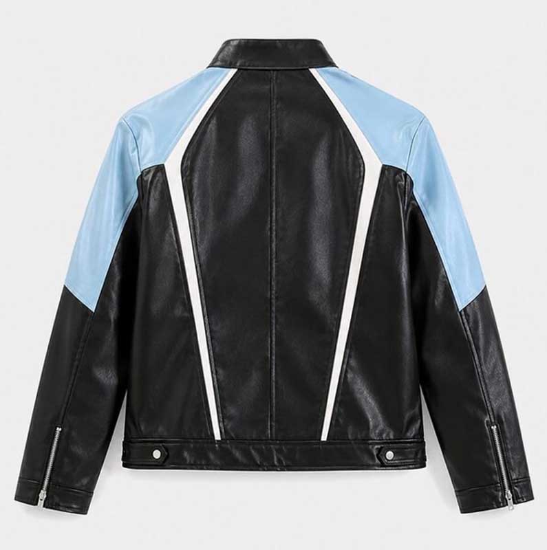 Unisex Black & Sky Blue Racing Lambskin Leather Moto Jacket