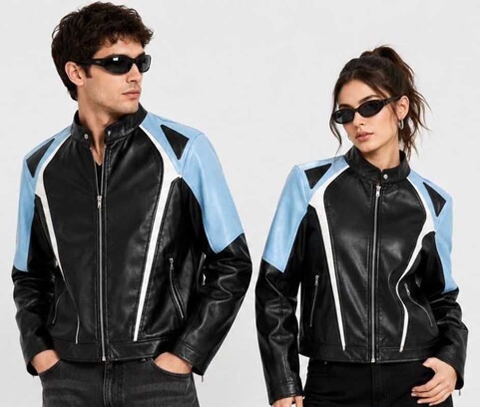 Unisex Black & Sky Blue Racing Lambskin Leather Moto Jacket