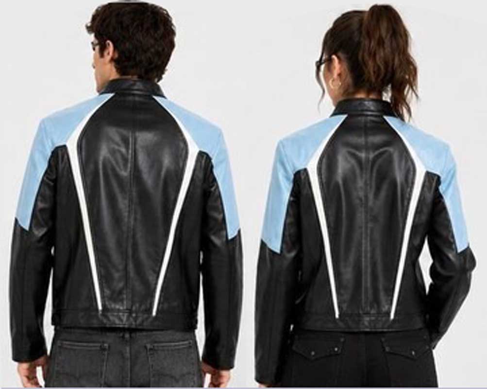 Unisex Black & Sky Blue Racing Lambskin Leather Moto Jacket