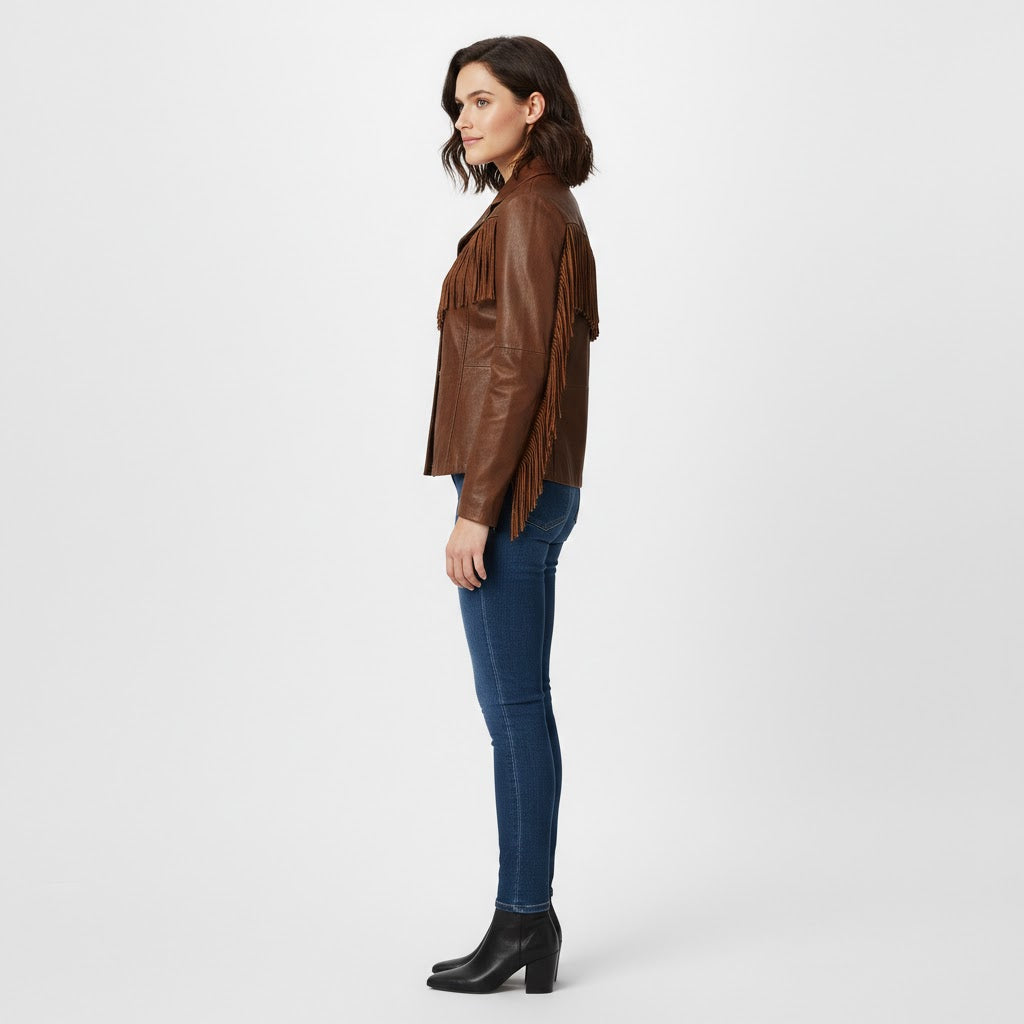 Women's Brown Fringe Western Leather Jacket - Leather Outlet