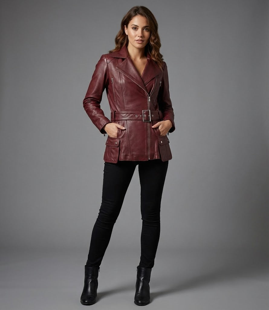 Women’s Burgundy Real Leather Biker Jacket – Classic Moto Style