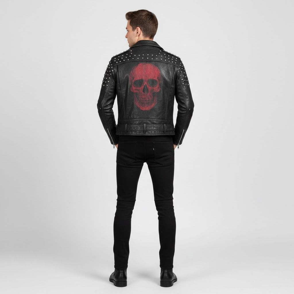 Signature Obsidian Skull Leather Biker Jacket – Hand-Studded Moto Style