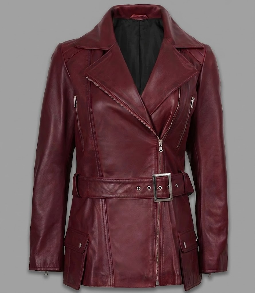 Women’s Burgundy Real Leather Biker Jacket – Classic Moto Style