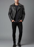 Men’s Black Spiked Leather Biker Jacket – Genuine Moto Jacket with Silver Studs