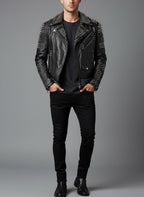 Men’s Black Spiked Leather Biker Jacket – Genuine Moto Jacket with Silver Studs