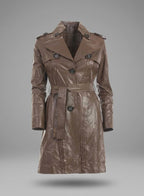 Women’s Brown Leather Trench Coat – Elegant Classic Long Overcoat