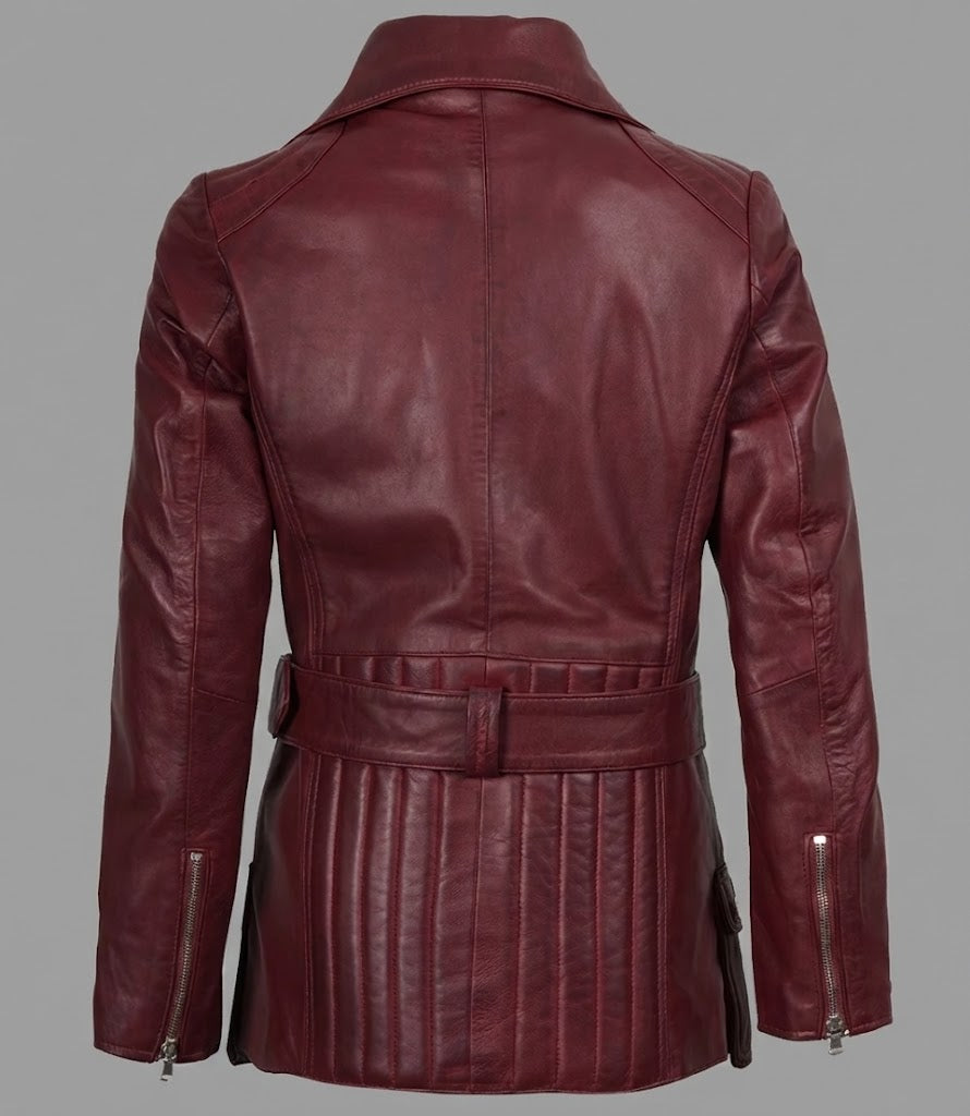 Women’s Burgundy Real Leather Biker Jacket – Classic Moto Style