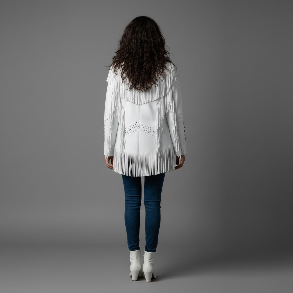 Women's White Suede Leather Fringe Jacket