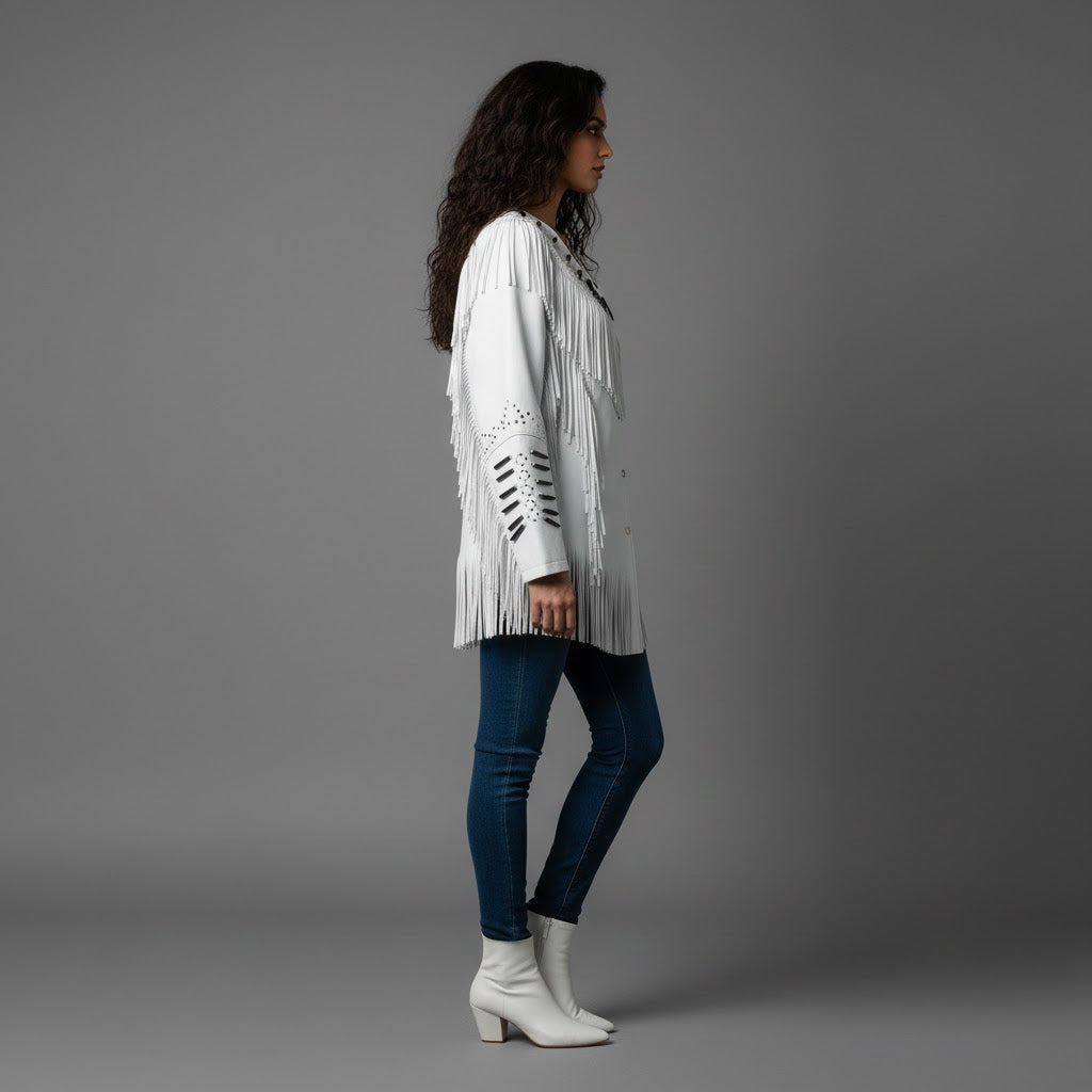 Women's White Suede Leather Fringe Jacket