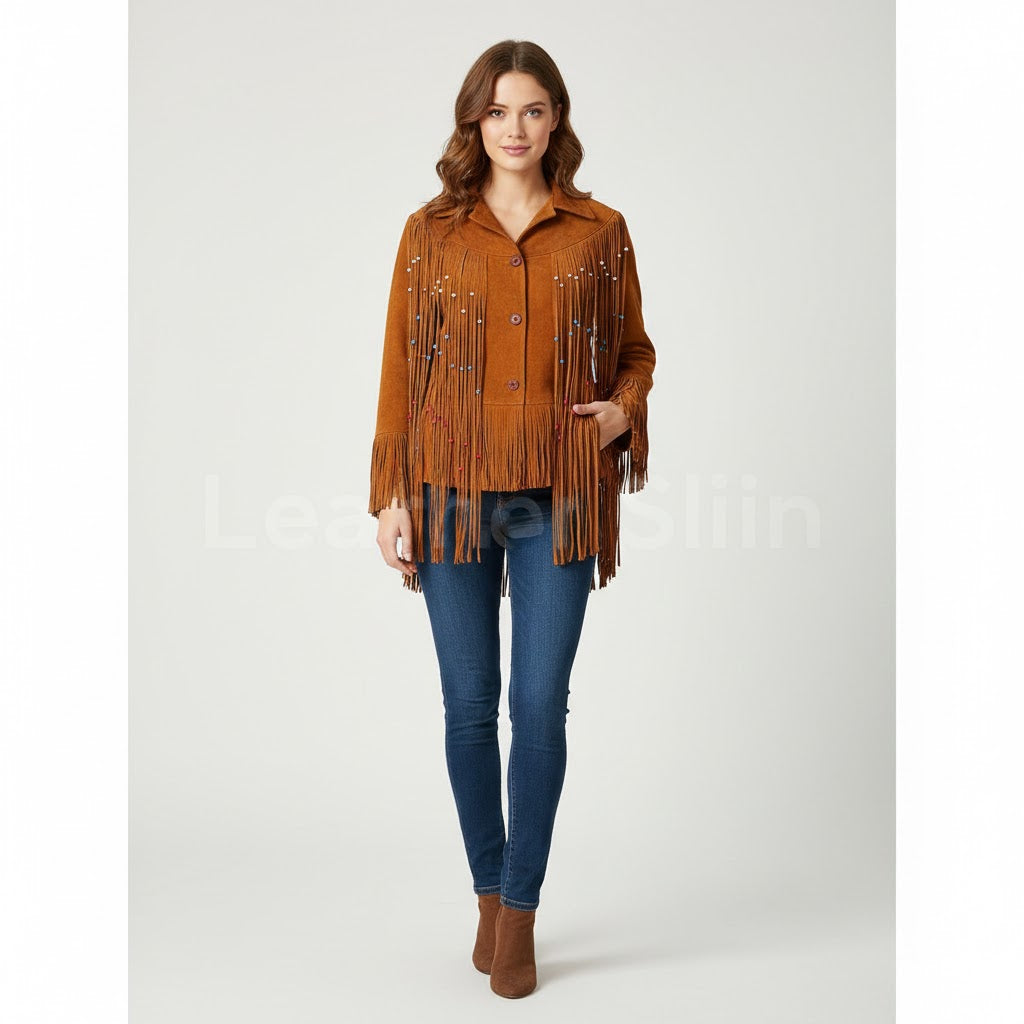 Women's Tan Western Suede Leather Jacket with Fringe