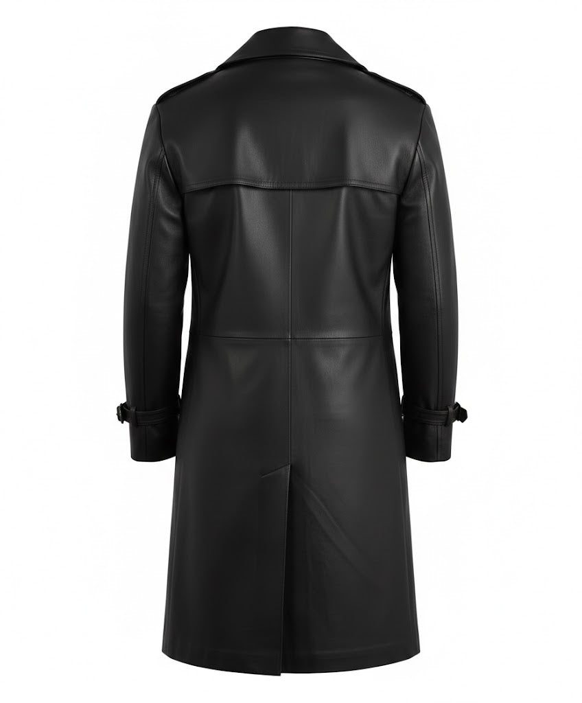 Delmar Men’s Black Leather Double-Breasted Coat – Luxury Classic Overcoat