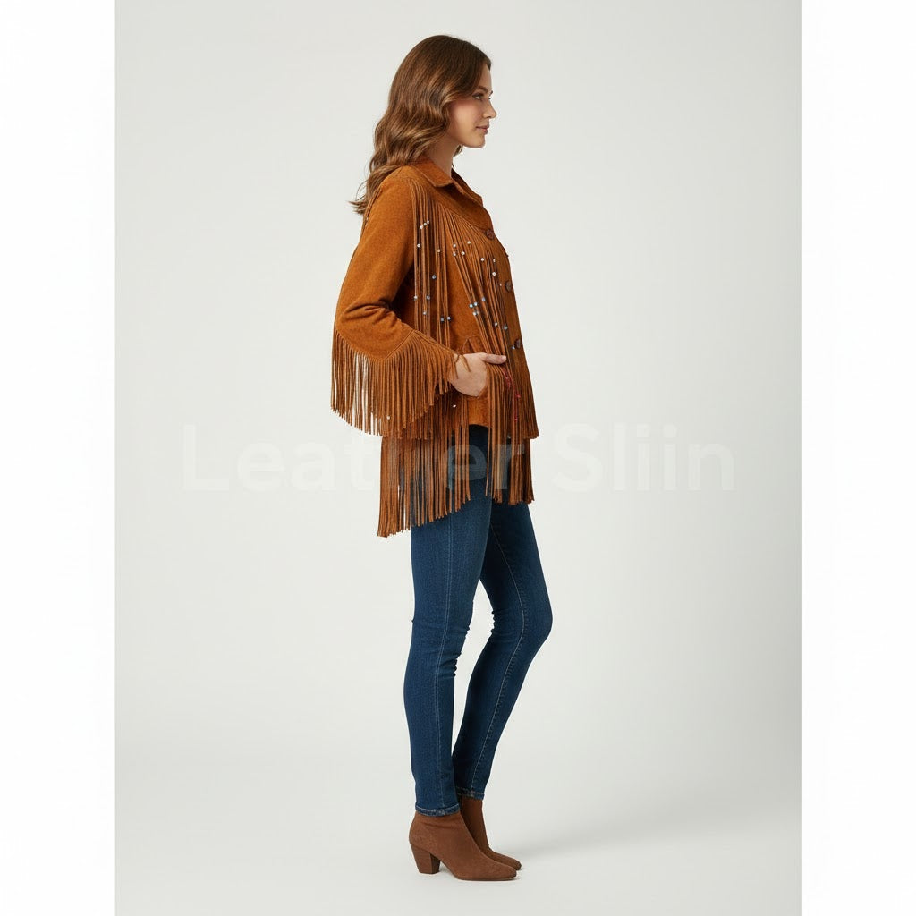 Women's Tan Western Suede Leather Jacket with Fringe