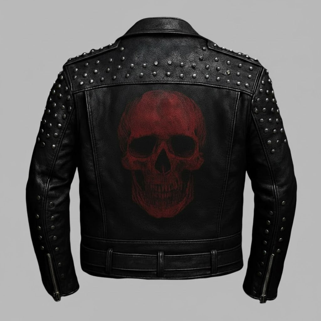 Signature Obsidian Skull Leather Biker Jacket – Hand-Studded Moto Style