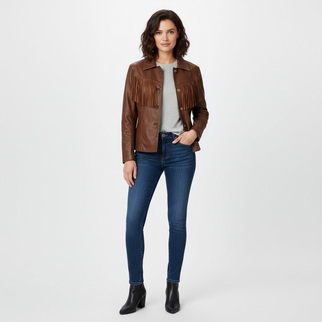 Women's Brown Fringe Western Leather Jacket - Leather Outlet